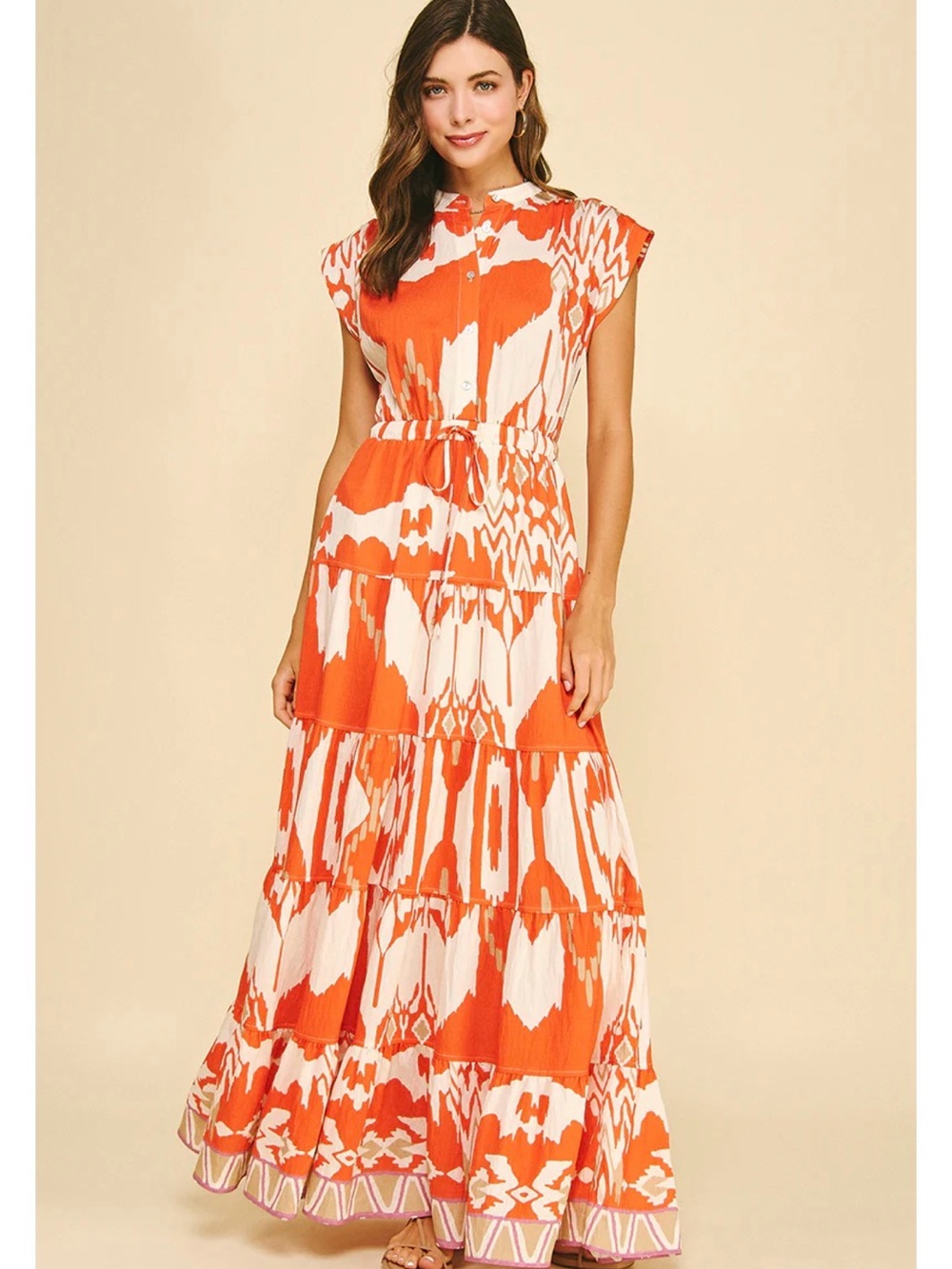 Pinch Orange and White Printed Tiered Maxi Dress women’s size large w pockets